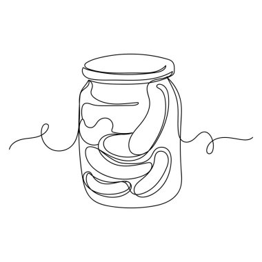 Beyaz arka planda turşulu cam bir kavanozun sürekli çizimi. Doğrusal biçimlendirilmiş.