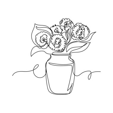 Beyaz arka planda sürekli bir buket çiçeğin silüeti çizimi. Doğrusal biçimlendirilmiş.