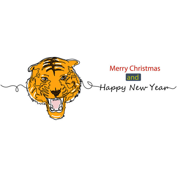 Continuous one line drawing of tiger aggression face symbol new year 2022 in silhouette on a white background. Linear stylized.