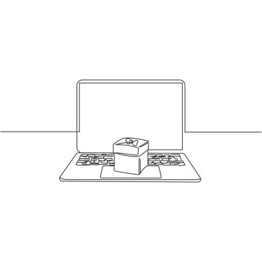 Dizüstü bilgisayarda noel hediyesi kutlaması kutlaması konsepti üzerine beyaz arka planda silüet olarak aralıksız bir çizim. Doğrusal biçimlendirilmiş.