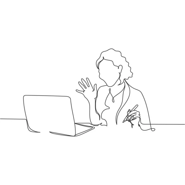 白い背景にシルエットのラップトップを使用してビデオ通話を介して仕事で美しい女性のビジネスの継続的な1行の図面 線形形式 — ストックベクタ