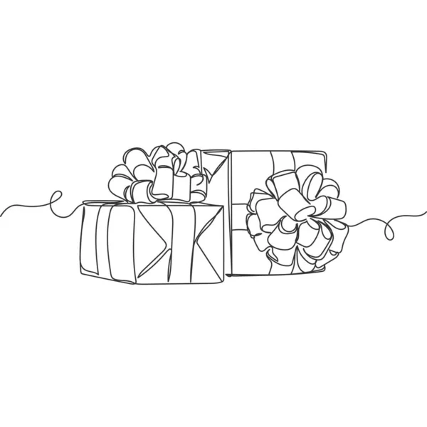 Dibujo Continuo Una Línea Hermosas Cajas Regalos Navidad Silueta Sobre — Vector de stock