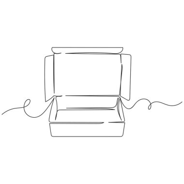 Beyaz arka planda siluet içinde boş karton kutunun sürekli çizimi. Doğrusal biçimlendirilmiş.