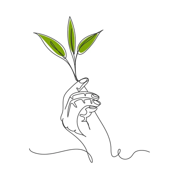Непрерывное Рисование Одной Линии Руки Использованием Молодой Концепции Экологии Растений — стоковый вектор
