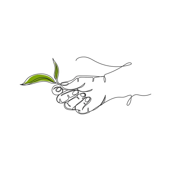 Continuous One Line Drawing Human Hands Holding Plant Ecology Concept — Stock Vector