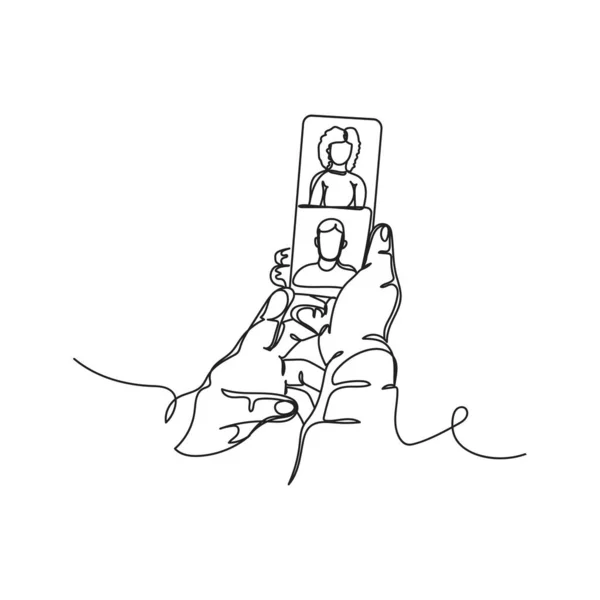 Dessin Continu Une Ligne Vidéoconférence Ligne Utilisant Téléphone Discutant Silhouette — Image vectorielle