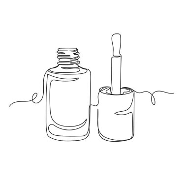 Beyaz arka planda sürekli oje şişesi ve silüet çizimleri. Doğrusal biçimlendirilmiş.