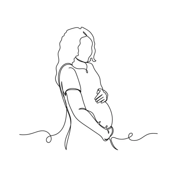 Continuous One Line Drawing Portrait Beautiful Pregnant Woman Silhouette White — Stock Vector