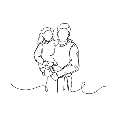 Sürekli tek bir çizgi halinde, babası küçük kızını kucağına alıyor. Babalar günü konsepti beyaz arka planda. Doğrusal biçimlendirilmiş.