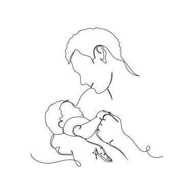 Yeni doğmuş bebek babalar günü kavramını beyaz arka planda siluet halinde tutan tek bir çizgi halinde. Doğrusal biçimlendirilmiş.