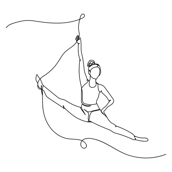 Непрерывный Однолинейный Рисунок Гимнастки Выполняющей Воздушные Упражнения Силуэте Белом Фоне — стоковый вектор