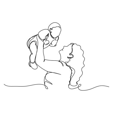 Anneler Günü konseptinin kesintisiz tek çizgi çizimi. Beyaz arka planda bebek sahibi bir anne. Doğrusal biçimlendirilmiş.