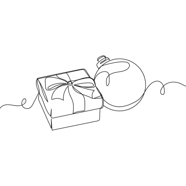 Kontinuierliche Einzeilige Zeichnung Einer Geschenkschachtel Mit Weihnachtskugel Silhouette Auf Weißem — Stockvektor
