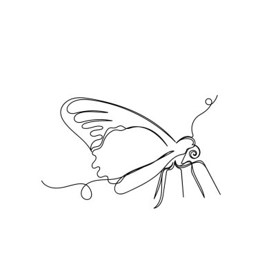 Beyaz bir arka planda, sevimli bir kelebeğin sürekli tek bir çizgisi. Doğrusal biçimlendirilmiş.