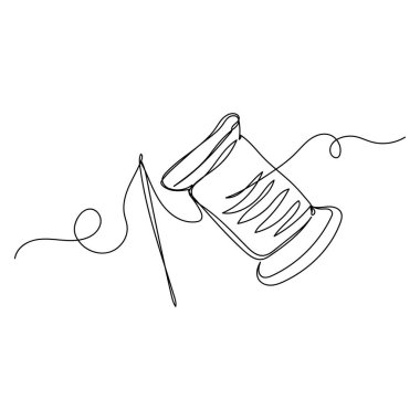 Beyaz arka planda silüet ipliği olan tek bir kumaş iğnesi çizgisi devam ediyor. Doğrusal biçimlendirilmiş.