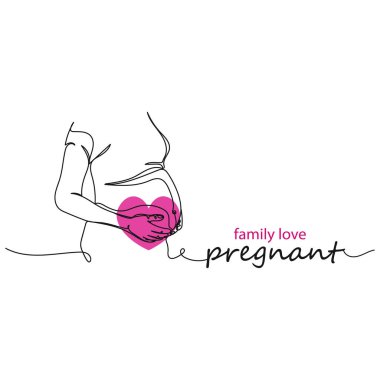 Güzel, hamile bir kadının portresinin aralıksız çizimi beyaz arka planda aile sevgisini siluete dönüştürüyor. Doğrusal biçimlendirilmiş.