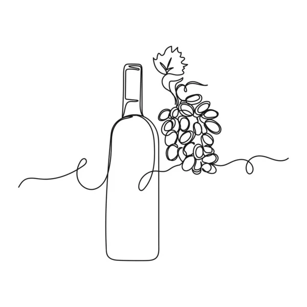 Beyaz Arka Planda Sürekli Bir Şişe Şarap Üzüm Çizimi Devam — Stok Vektör