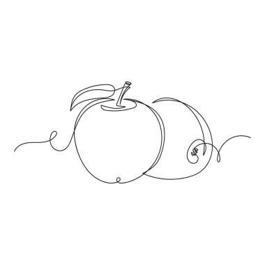 Beyaz arka planda yapraklı organik meyveli elmaların kesintisiz çizimi. Doğrusal biçimlendirilmiş.