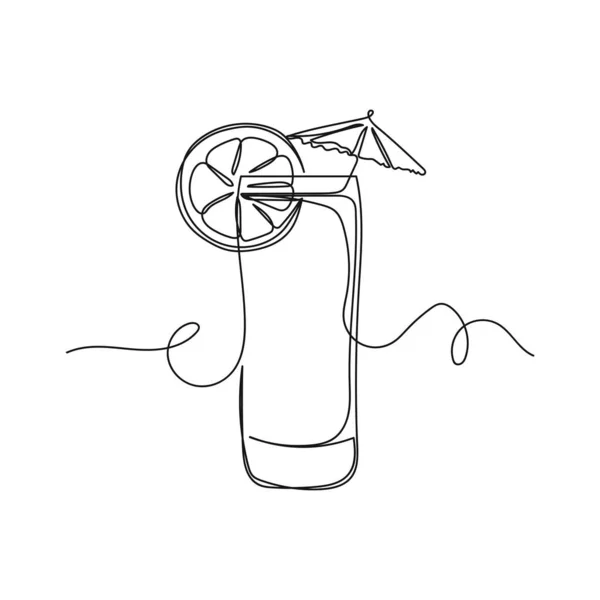 Kontinuierliche Einzeilige Zeichnung Eines Cocktails Mit Sonnenschirm Silhouette Auf Weißem — Stockvektor