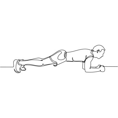 Beyaz arka planda siluet halinde tek sıra halinde spor yapan bir adamın durmaksızın çizimi. Doğrusal biçimlendirilmiş.