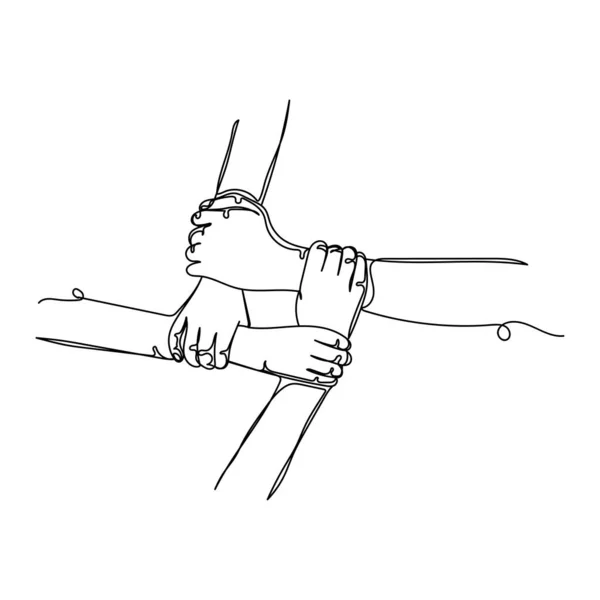 白い背景にシルエットで手をつなぐ人々の連続一本の線画 線形形式 — ストックベクタ