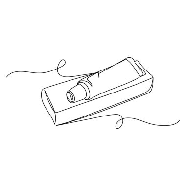 Vektör illüstrasyonu, beyaz bir arka planda, tüp paketinin tıbbi konseptinin tek çizgi çizimine dayanır. Doğrusal biçimlendirilmiş.