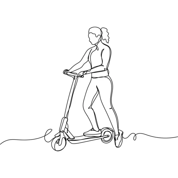 Continuo Disegno Singola Linea Ragazza Sella Uno Scooter Elettrico Silhouette — Vettoriale Stock