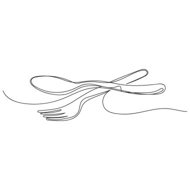 Beyaz bir arka planda sürekli tek bir kaşık ve çatal çizgisi oluşturun. Doğrusal biçimlendirilmiş.