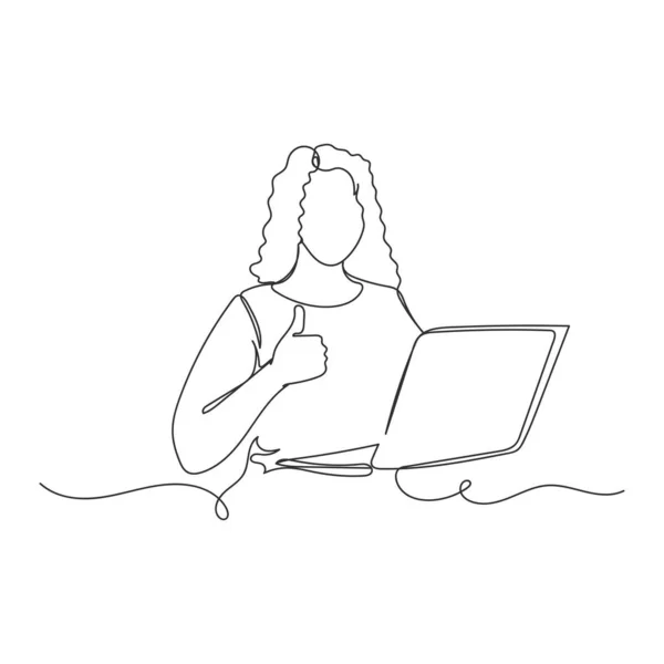白い背景にシルエットでビデオチャットを使用して 友人や親戚と話をする女性の仕事のベクトル連続1行の図面 線形形式 — ストックベクタ