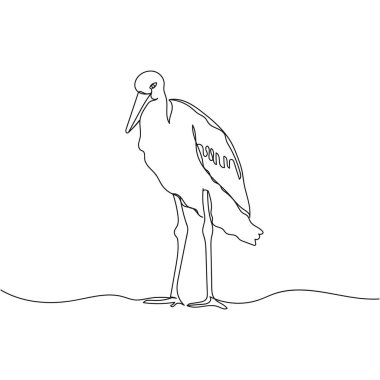 Beyaz bir arkaplanda leylek sembolünün sürekli tek çizgi çizimi. Doğrusal biçimlendirilmiş.