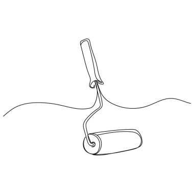 Beyaz arka planda siluet şeklinde tek bir çizgili boya silindirli araç. Doğrusal biçimlendirilmiş.