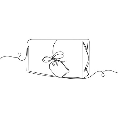 Beyaz arka planda, hediye paketinin siluetine sarılı tek bir çizgi çizimini sürekli vektör olarak sürdür. Doğrusal biçimlendirilmiş.