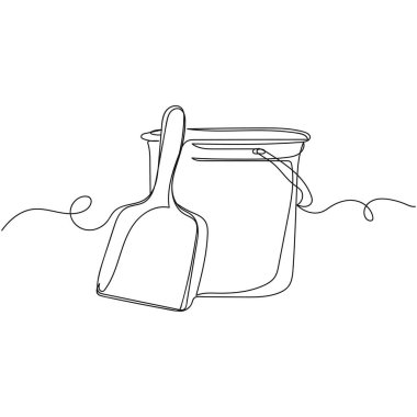 Beyaz arka planda silüet temizlik malzemesi olan tek bir kova çizgisi sürekli. Doğrusal biçimlendirilmiş.