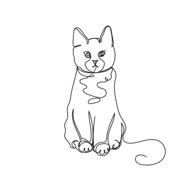 Beyaz bir arka planda kedi yavrusu logosunun siluetinde sürekli tek bir çizgi çizimi. Doğrusal biçimlendirilmiş.