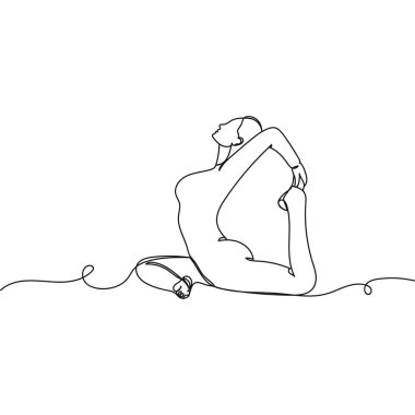 Beyaz arka planda sürekli, spor yoga jimnastiği yapan, siluetli çekici bir kadın çizimi. Doğrusal biçimlendirilmiş.