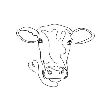 İnek çiftliği başı logosunun beyaz arka planda siluet şeklindeki tek çizgi çizimi. Doğrusal biçimlendirilmiş.