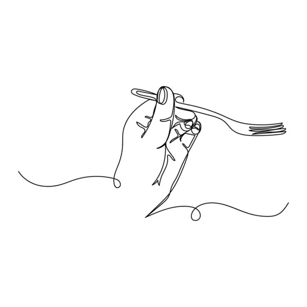 Векторний Безперервний Однорядковий Малюнок Руки Тримає Виделку Силуеті Білому Тлі — стоковий вектор
