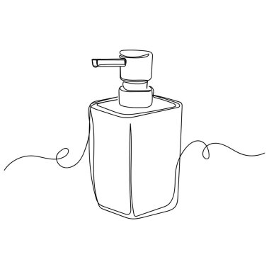 Beyaz bir zemin üzerinde pompalı siluet olan tek çizgi sabun dağıtıcısı vektörü. Doğrusal biçimlendirilmiş.