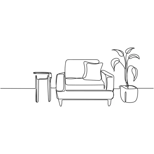 Векторный Непрерывный Однолинейный Рисунок Кресла Интерьере Помещения Силуэтом Белом Фоне — стоковый вектор