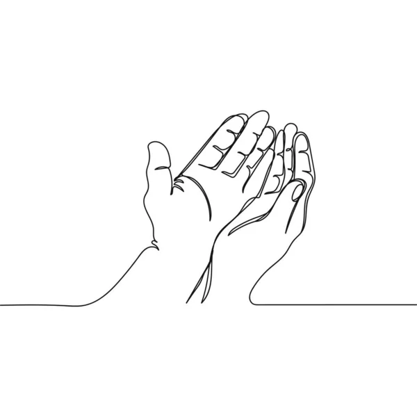 白い背景にシルエットで手を祈る宗教のベクトル連続1行の図面 線形形式 — ストックベクタ