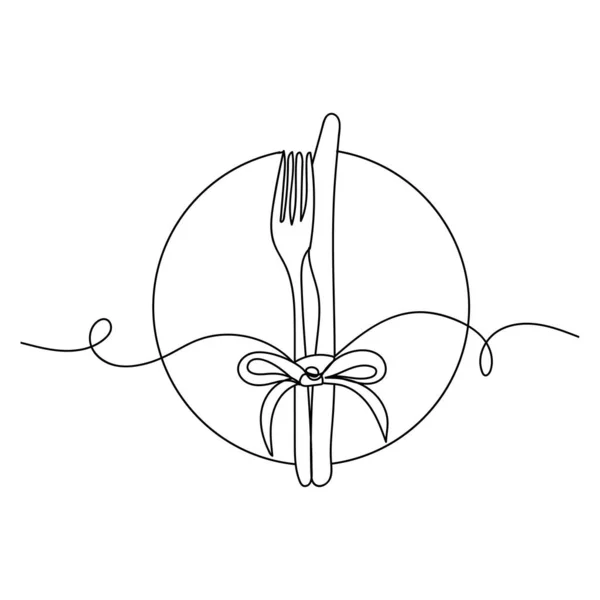 白い背景にシルエットにクリスマステーブルの設定のベクトル連続1つの線画アイコン 線形形式 — ストックベクタ