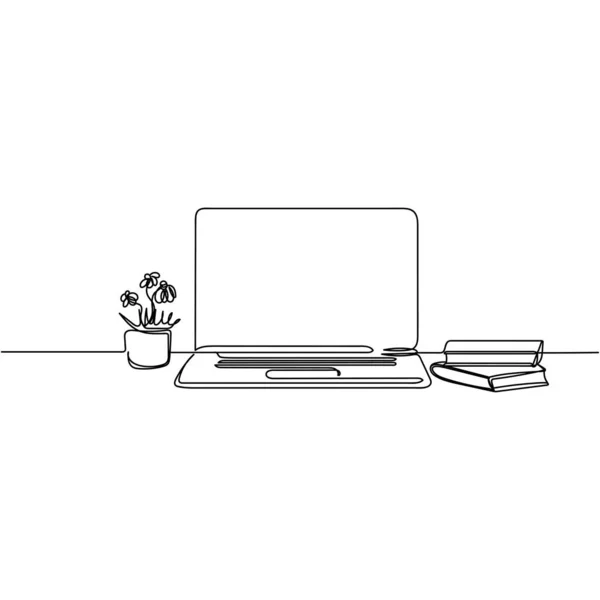 矢量连续一个单行绘图图标屏幕笔记本电脑和计算机屏幕花和书籍在一个白色背景的轮廓 线性风格化 — 图库矢量图片