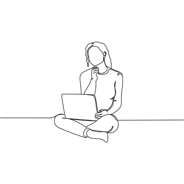 白い背景にシルエットでラップトップのオンライン作業ビデオに座っている女性のベクトル連続一本の線画アイコン 線形形式 — ストックベクタ