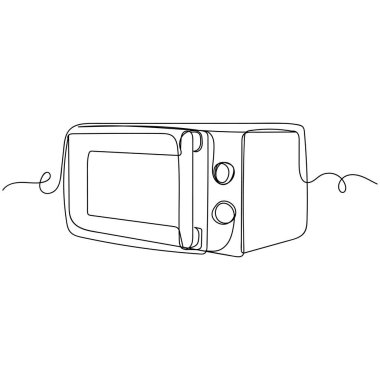 Beyaz arkaplana sürekli tek bir çizgi halinde siluet halinde mikrodalga ikonu çizen vektör. Doğrusal biçimlendirilmiş.