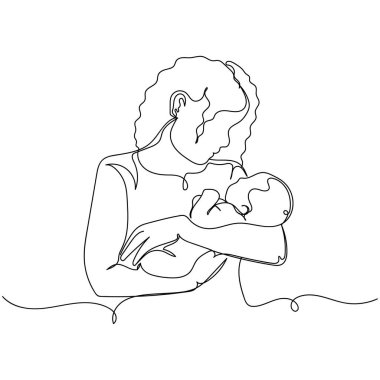 Beyaz arka planda, anne ve yeni doğan anneler günü konseptini silüet halinde çizen tek bir çizginin sürekli ikonu. Doğrusal biçimlendirilmiş.