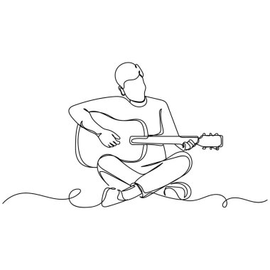 Beyaz arkaplanda gitar çalan bir adamın sürekli simgesini çizen bir vektör. Doğrusal biçimlendirilmiş.