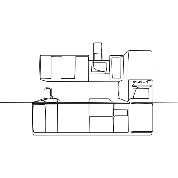 矢量连续一个单行画图标厨房与家用电器和一个美丽的内部轮廓白色背景 线性风格化 — 图库矢量图片