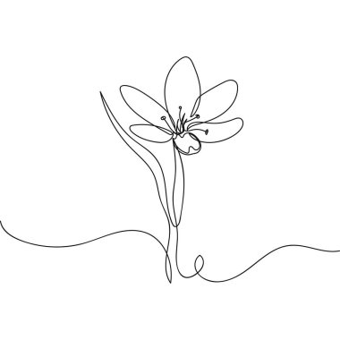 Beyaz arkaplana sürekli tek bir çizgi halinde siluet şeklinde çiçek ikonu çizen vektör. Doğrusal biçimlendirilmiş.