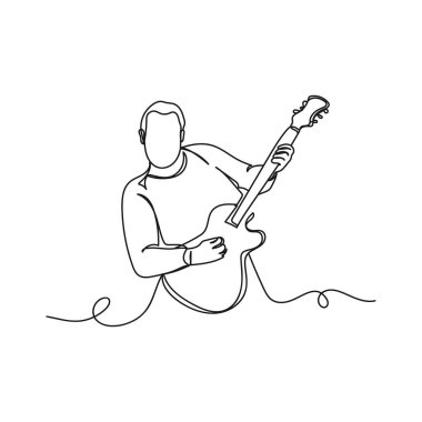 Beyaz arkaplanda elektro gitar çalan bir adamın sürekli bir çizim ikonu. Doğrusal biçimlendirilmiş.
