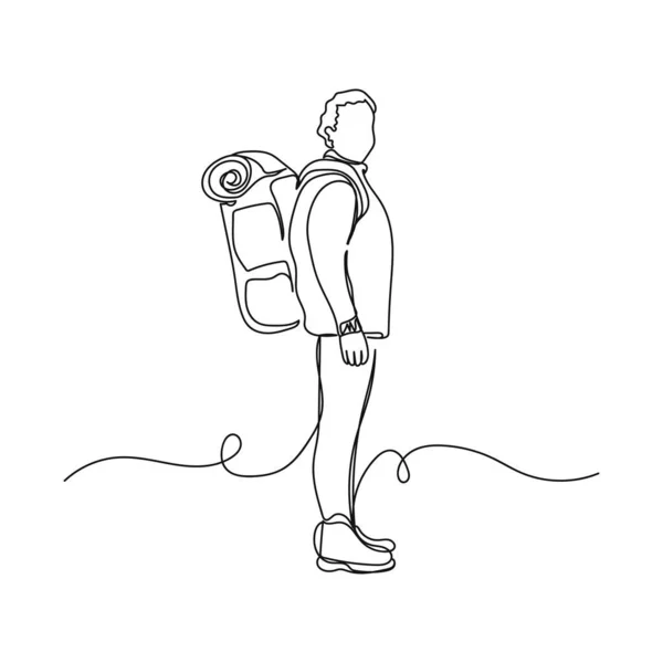 矢量连续一个单行绘图图标的远足者与背包在轮廓白色背景 线性风格化 — 图库矢量图片